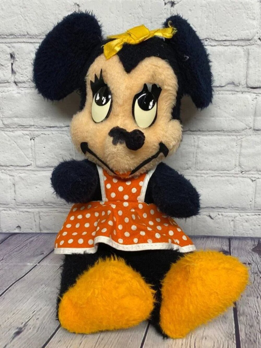 Vintage 1960s Minnie Mouse Plush Stuffed Toy with Polka Dot Apron 14 Inches